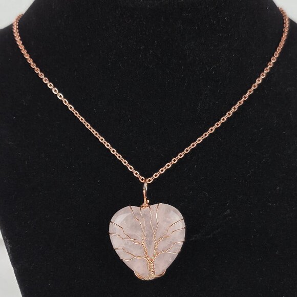 Rose Quartz Heart Shaped Pendant Copper Wire Wrapped Necklace Depicting a Tree - Picture 1 of 16